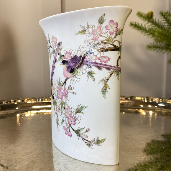 Vtg Unique Shaped Japan Vase Birds Perched On a Cherry Tree Branch Hand Painted - Picture 2 of 10